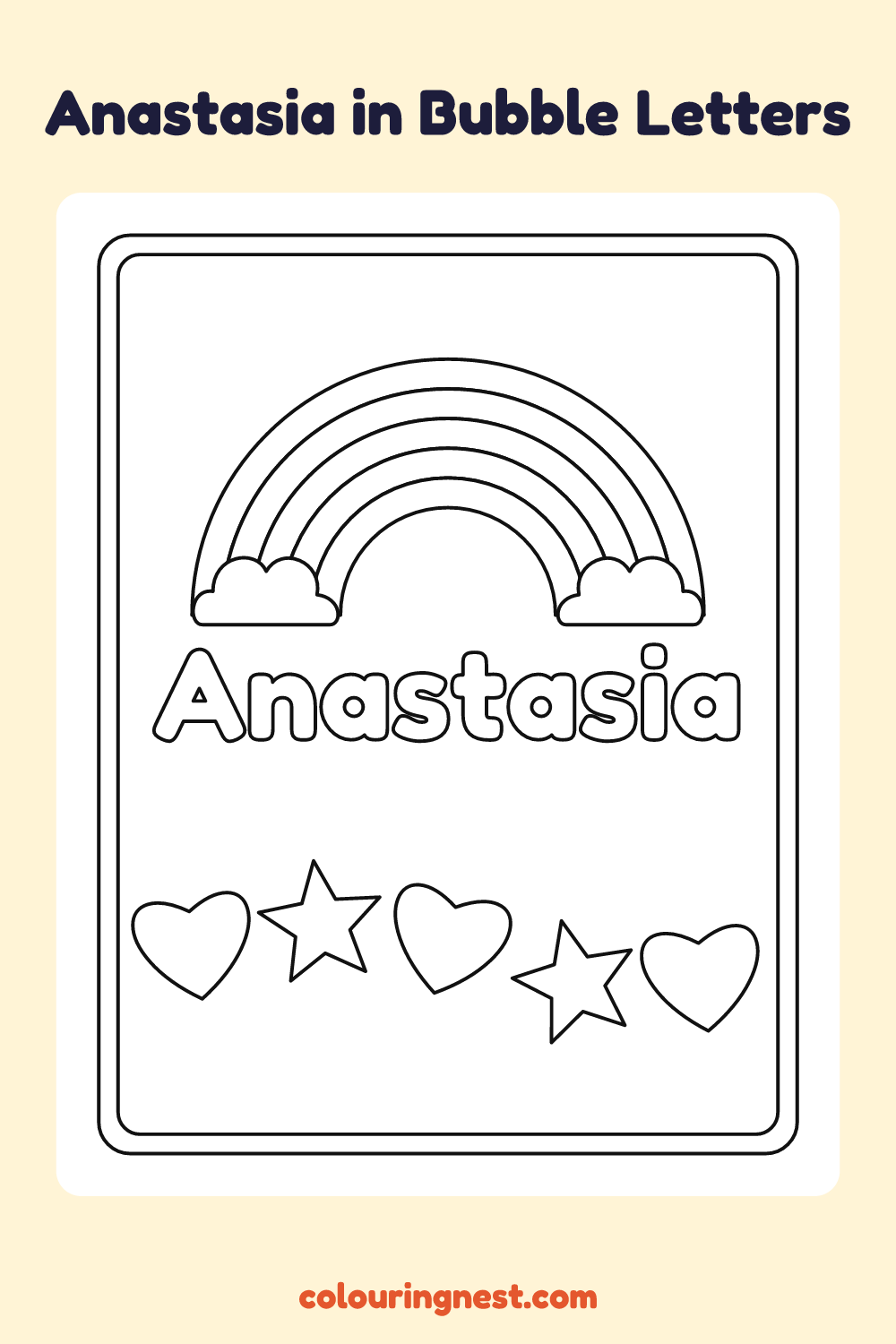 Anastasia in Bubble Letters coloring page: free printable black-and-white line art
