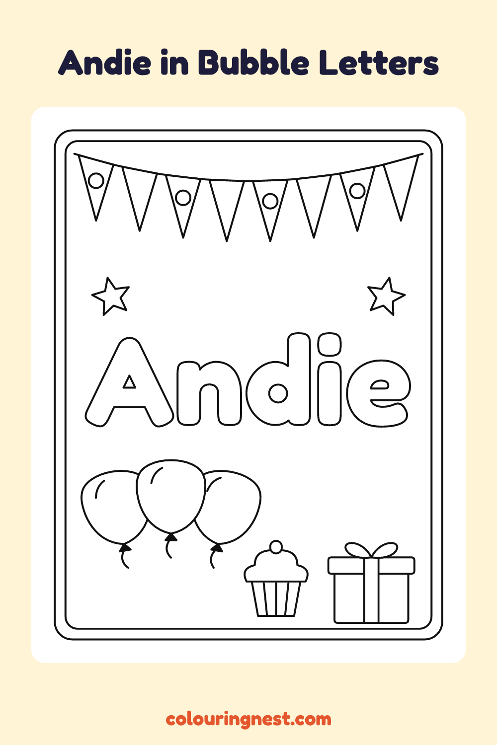 Andie in Bubble Letters coloring page: free printable black-and-white line art