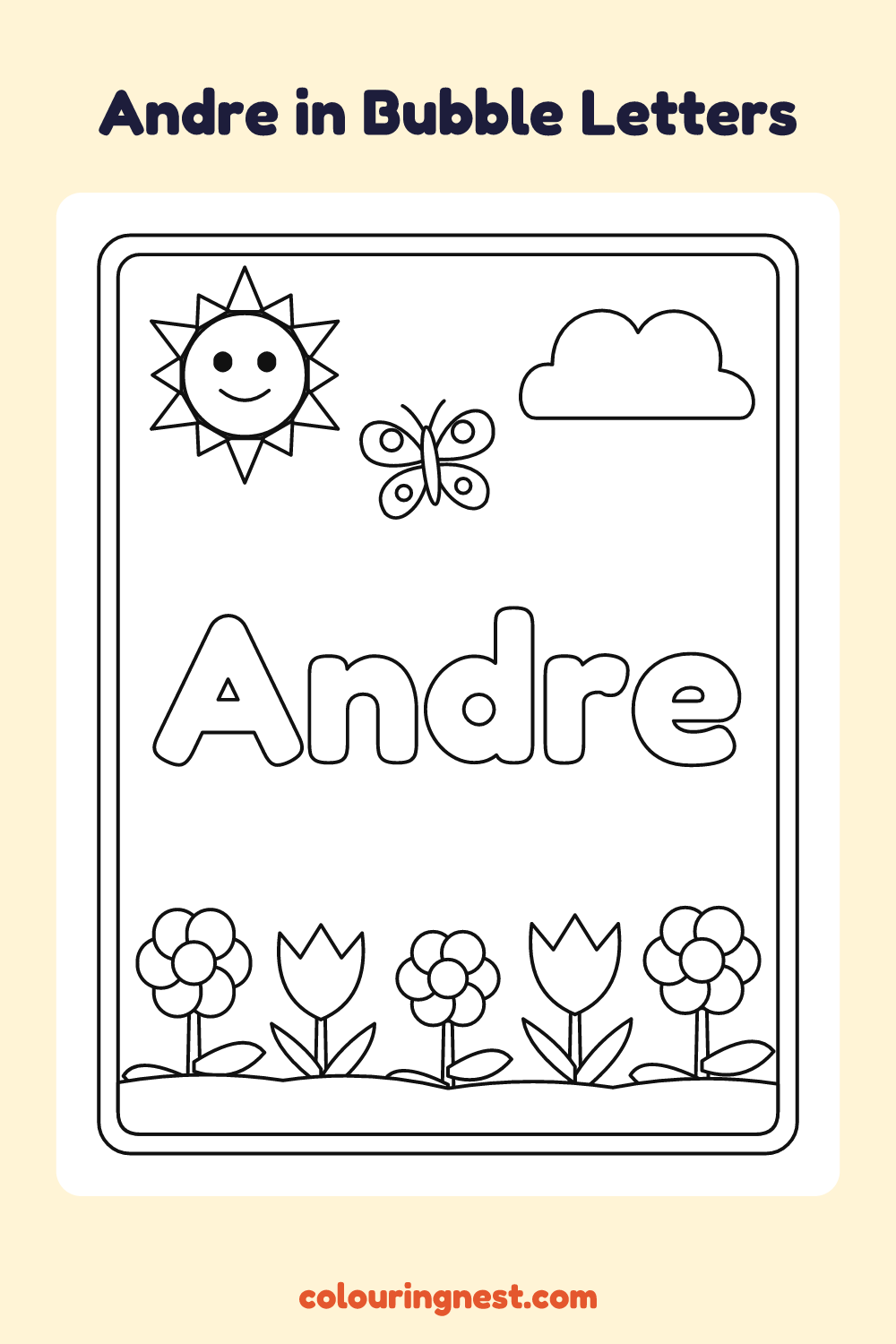 Andre in Bubble Letters coloring page: free printable black-and-white line art