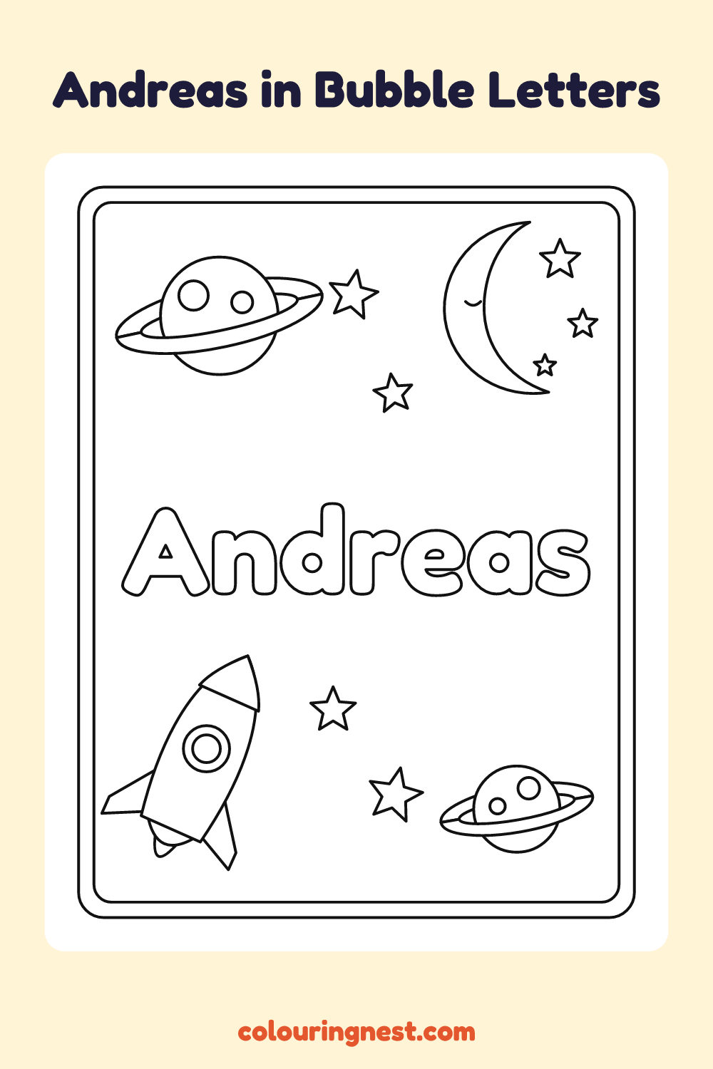 Andreas in Bubble Letters coloring page: free printable black-and-white line art