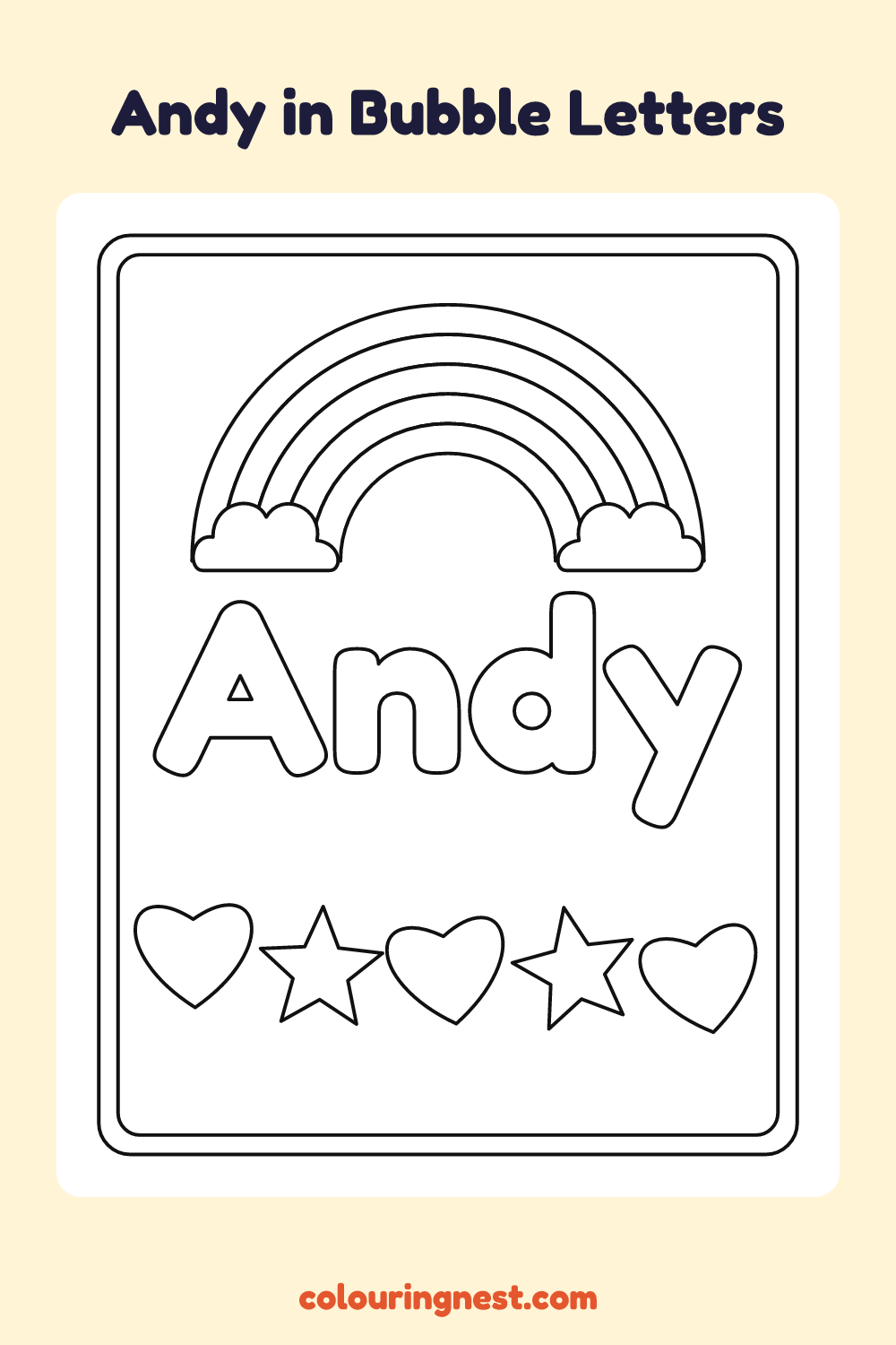 Andy in Bubble Letters coloring page: free printable black-and-white line art