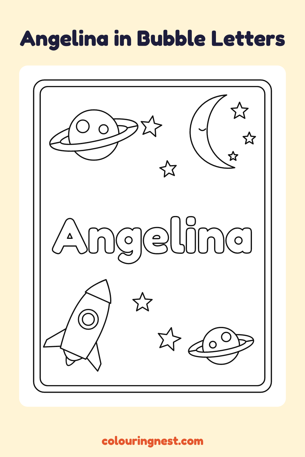 Angelina in Bubble Letters coloring page: free printable black-and-white line art
