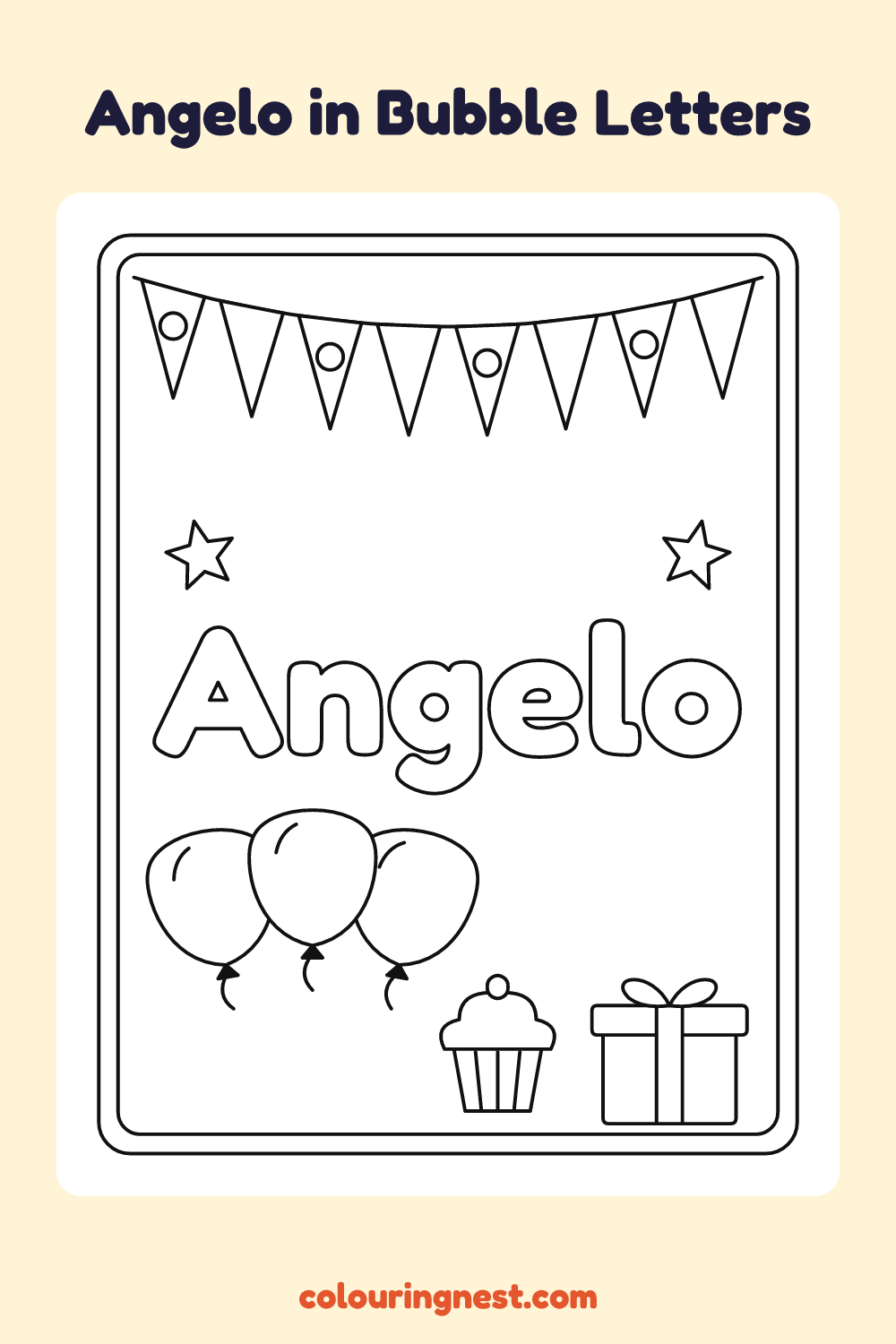 Angelo in Bubble Letters coloring page: free printable black-and-white line art