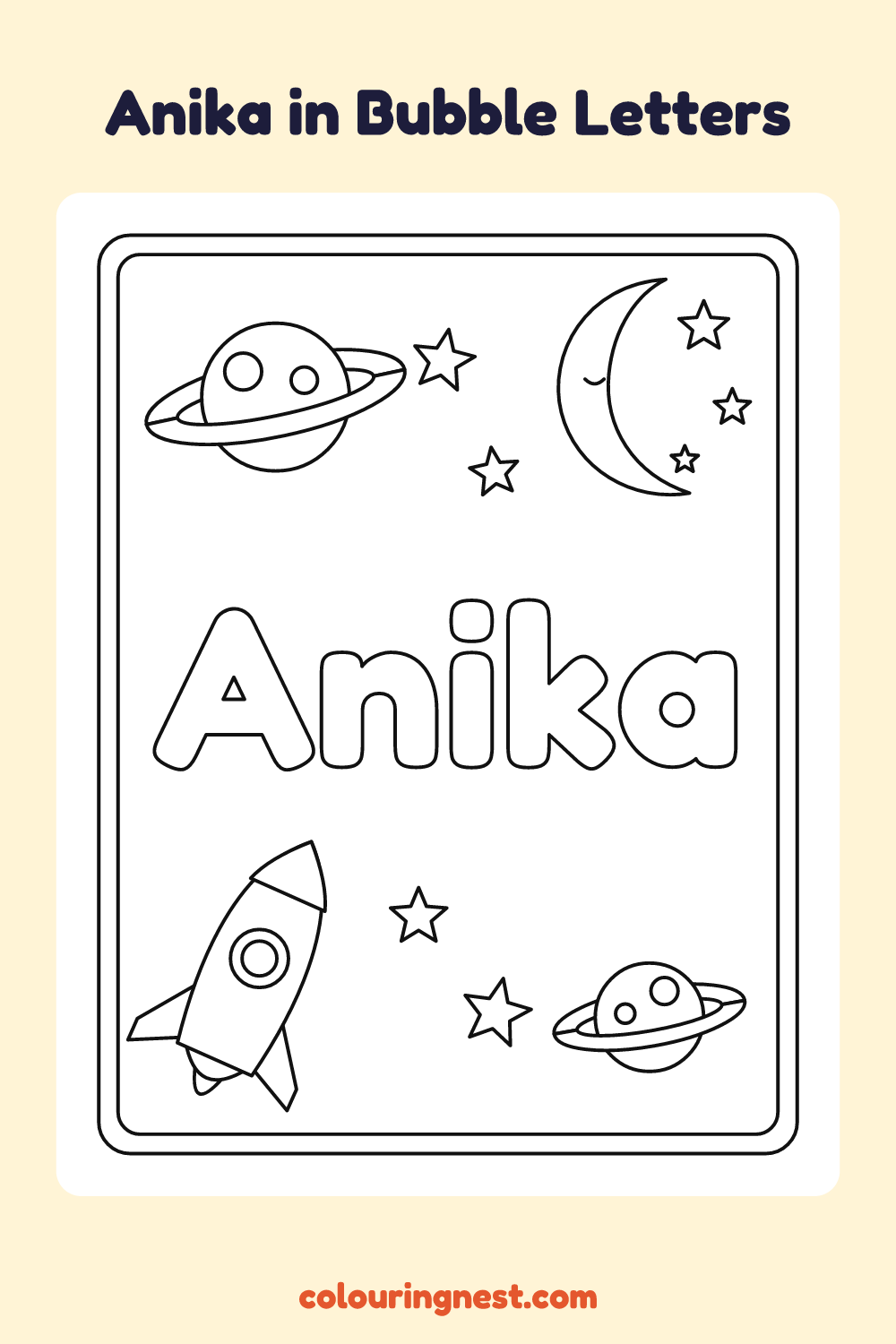 Anika in Bubble Letters coloring page: free printable black-and-white line art