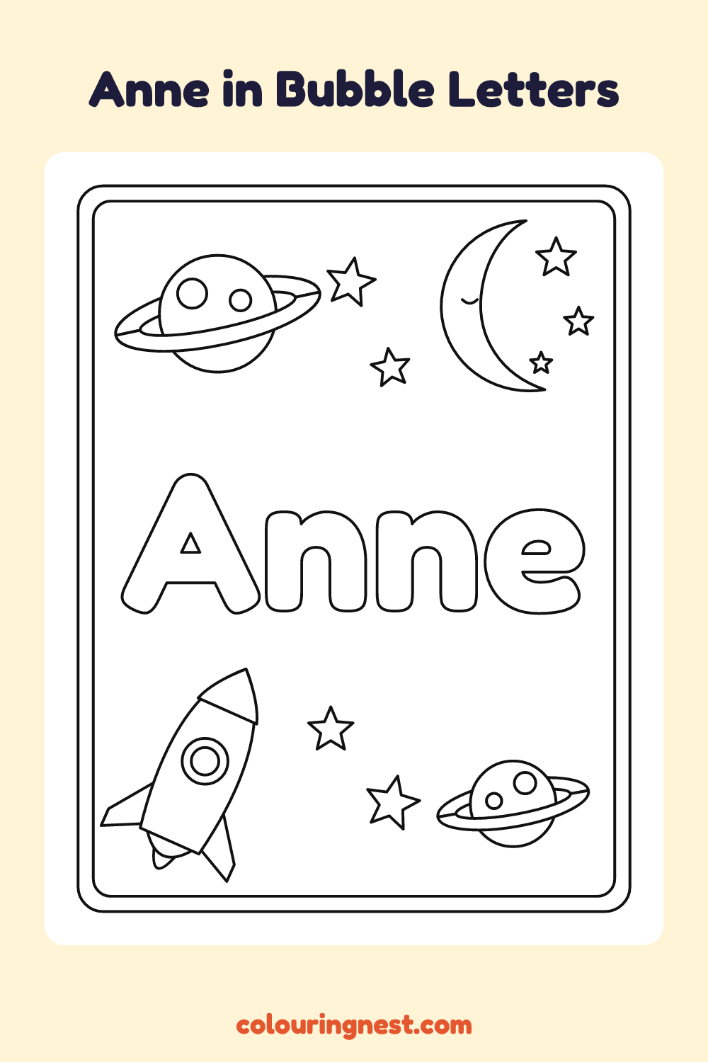 Anne in Bubble Letters coloring page: free printable black-and-white line art