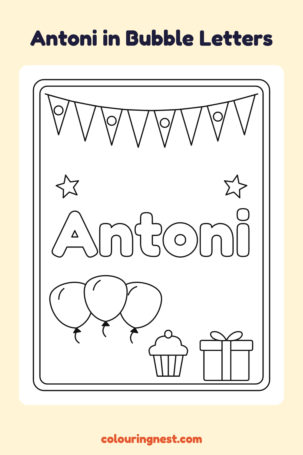 Antoni in Bubble Letters coloring page: free printable black-and-white line art