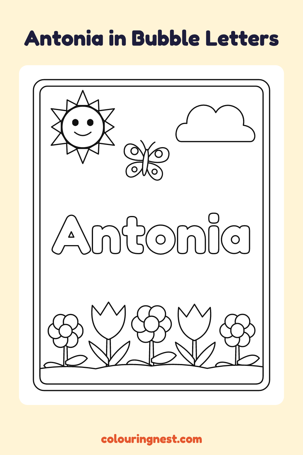 Antonia in Bubble Letters coloring page: free printable black-and-white line art