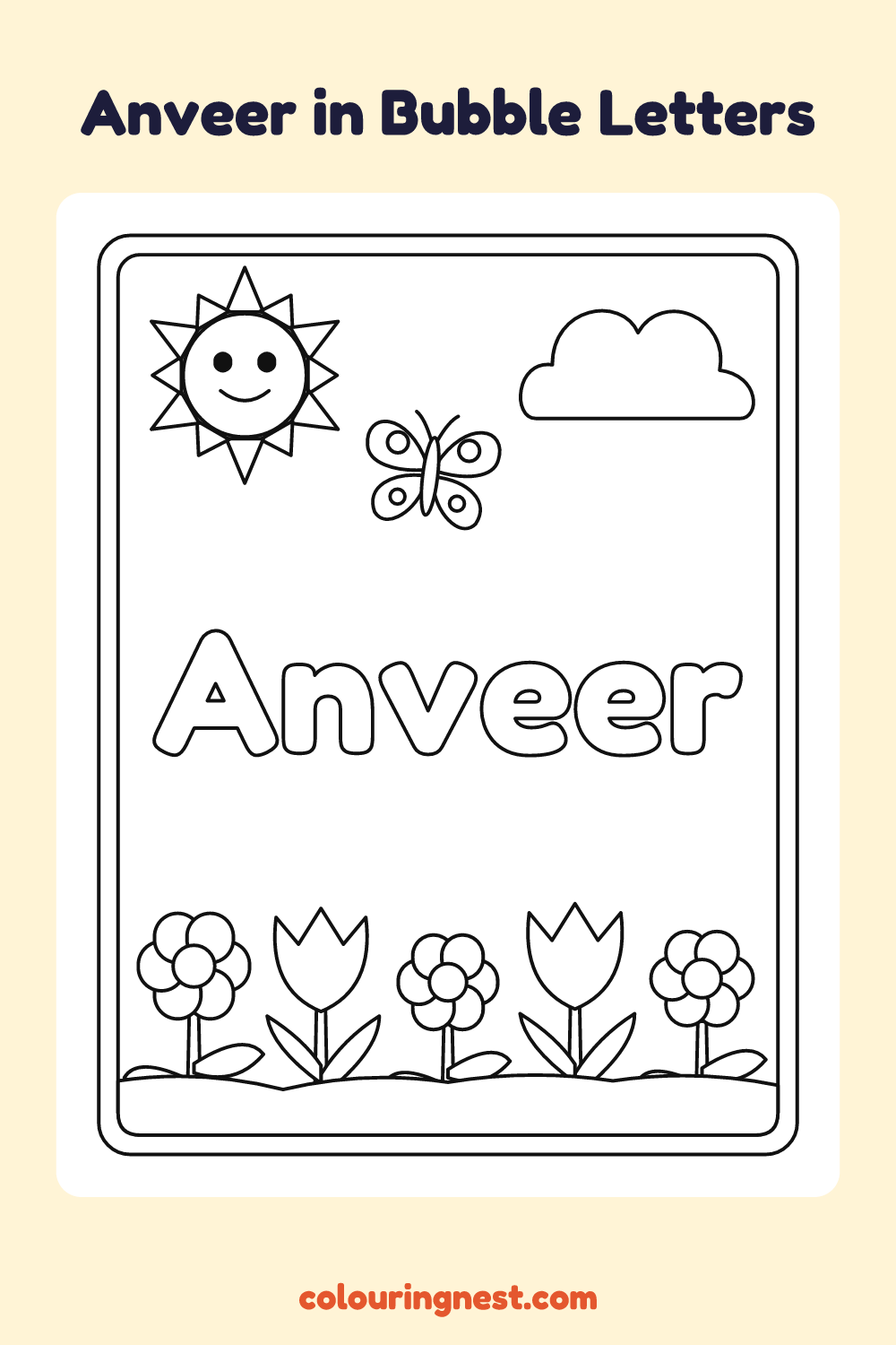 Anveer in Bubble Letters coloring page: free printable black-and-white line art