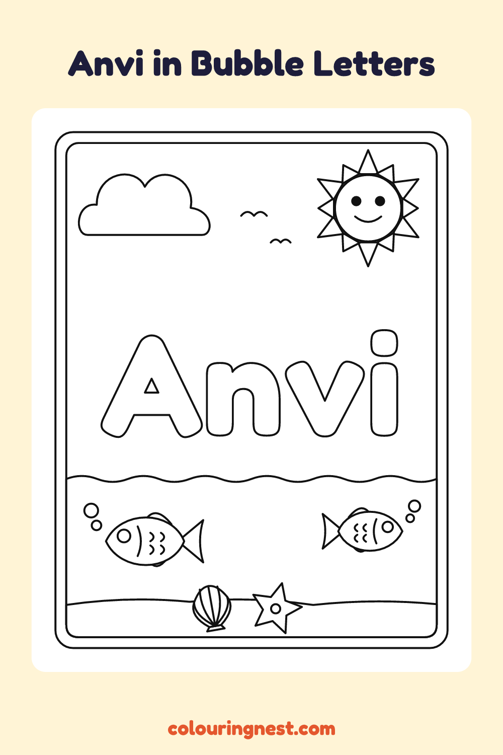 Anvi in Bubble Letters coloring page: free printable black-and-white line art