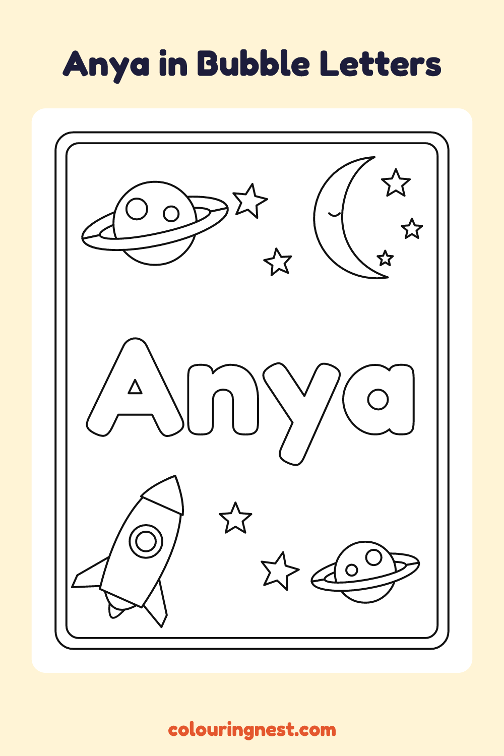 Anya in Bubble Letters coloring page: free printable black-and-white line art