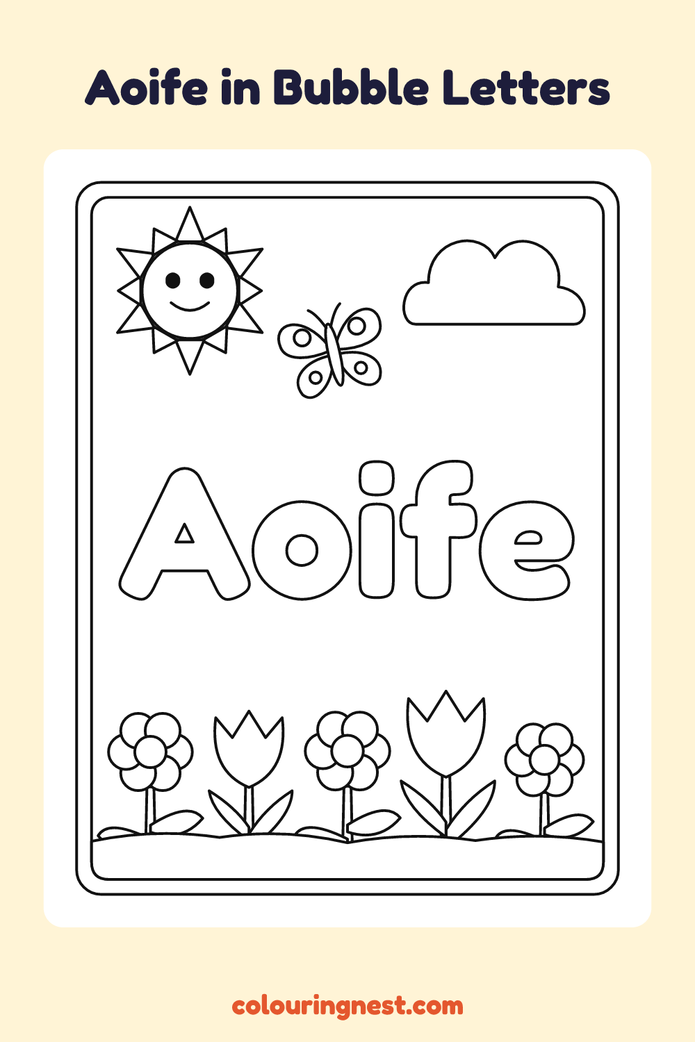 Aoife in Bubble Letters coloring page: free printable black-and-white line art