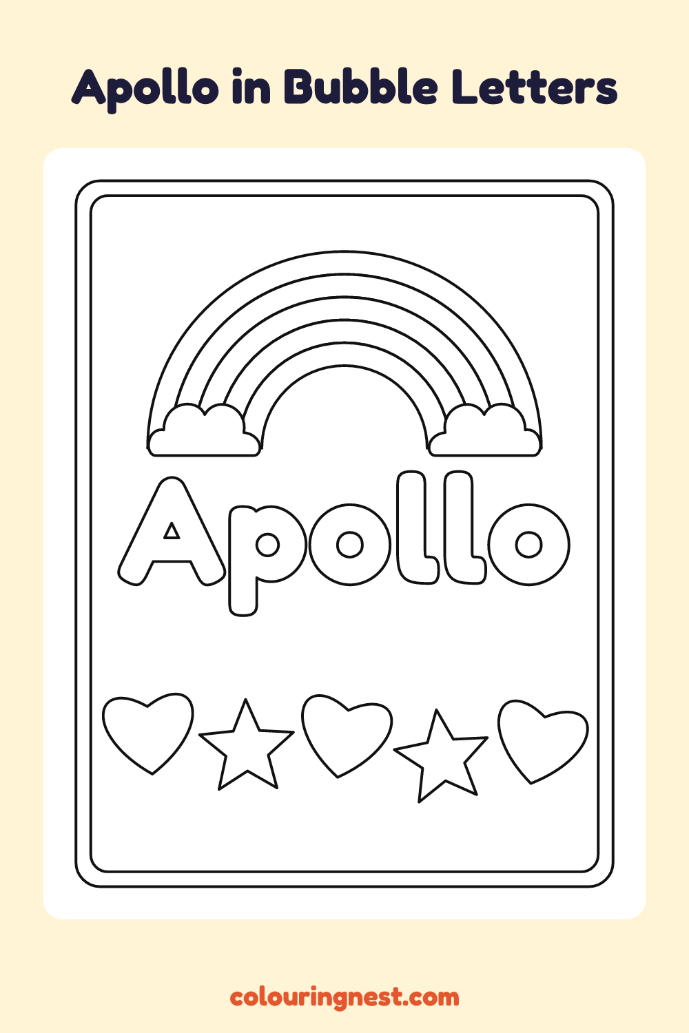 Apollo in Bubble Letters coloring page: free printable black-and-white line art