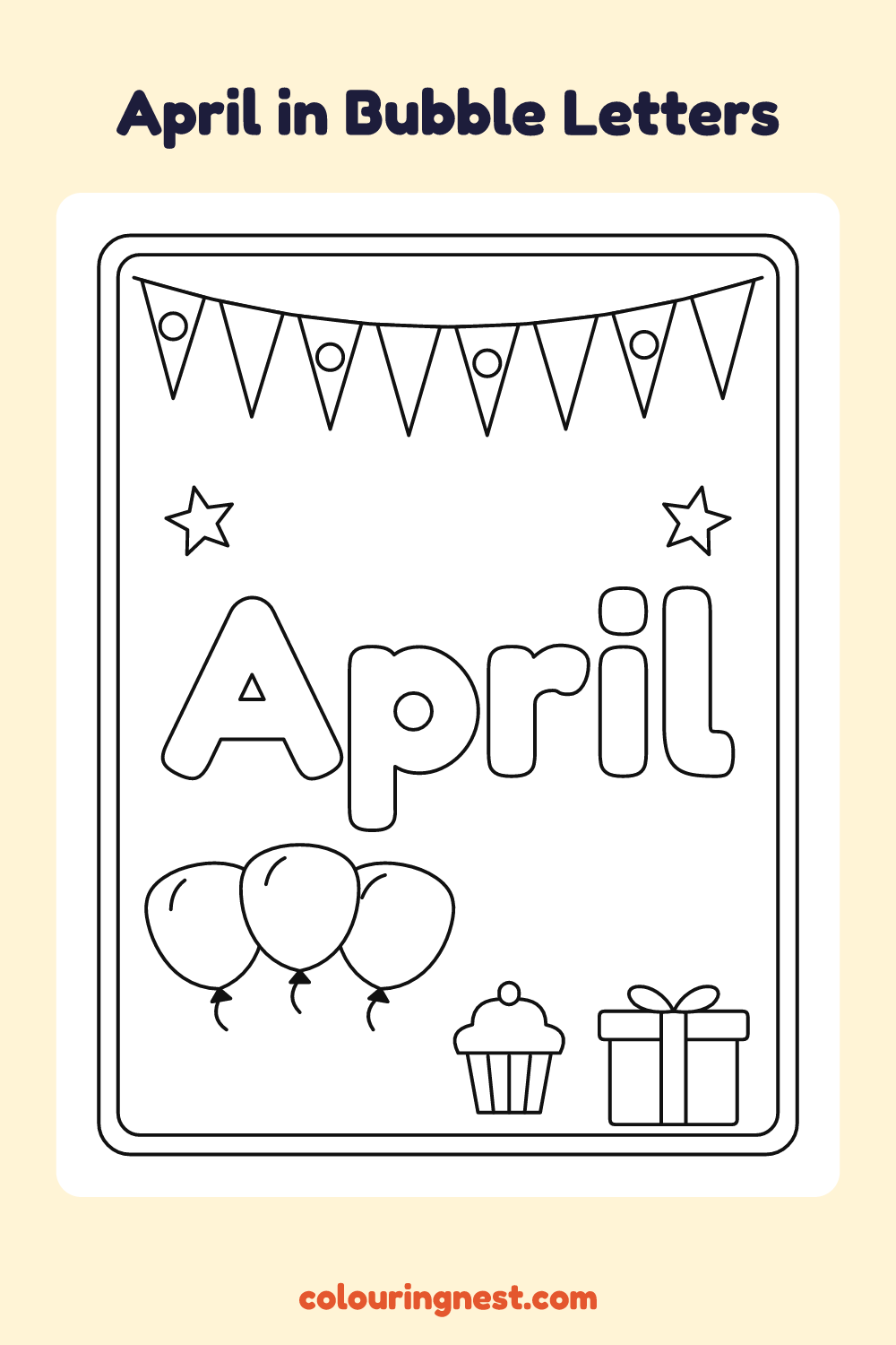 April in Bubble Letters coloring page: free printable black-and-white line art