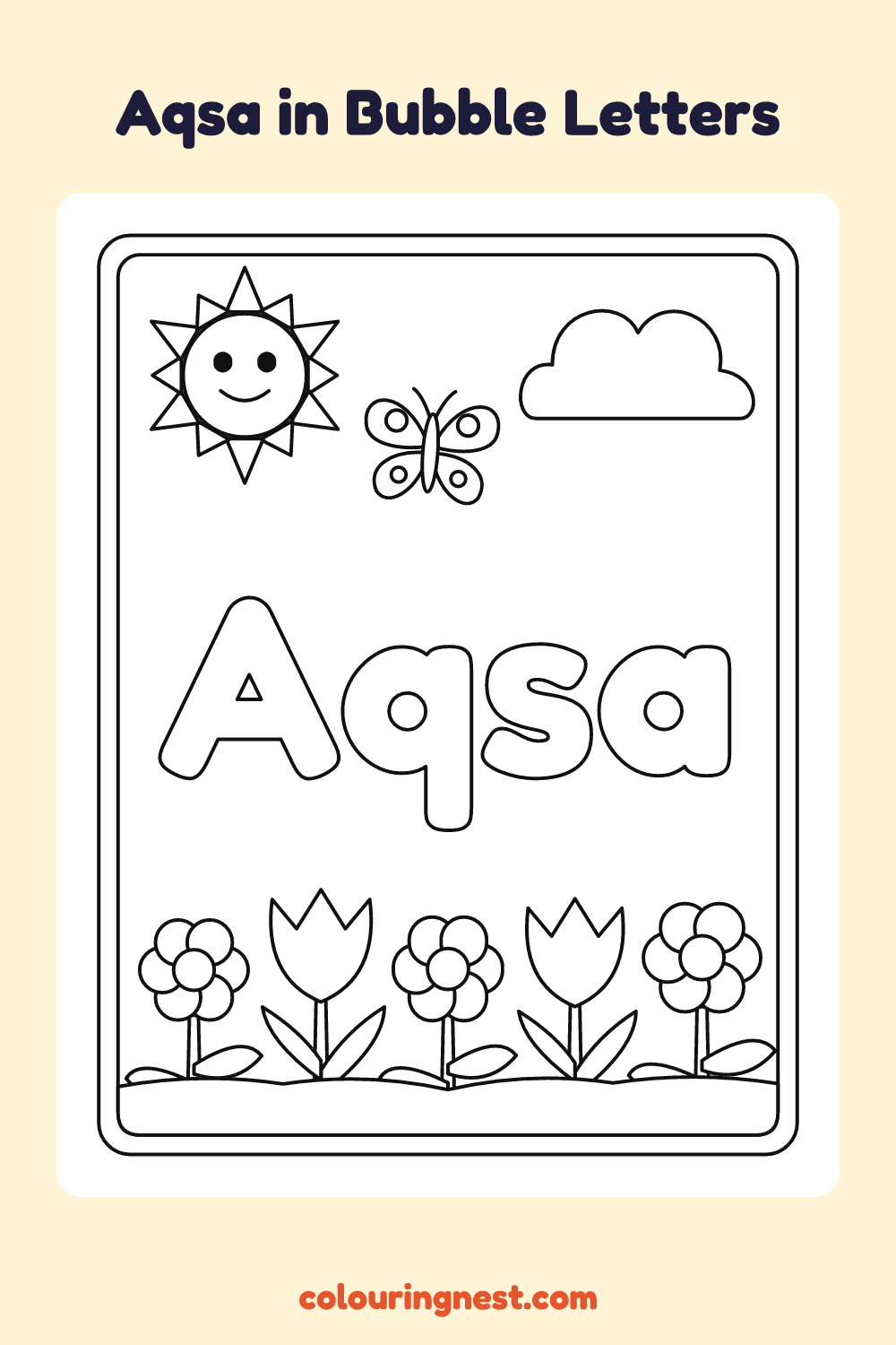 Aqsa in Bubble Letters coloring page: free printable black-and-white line art