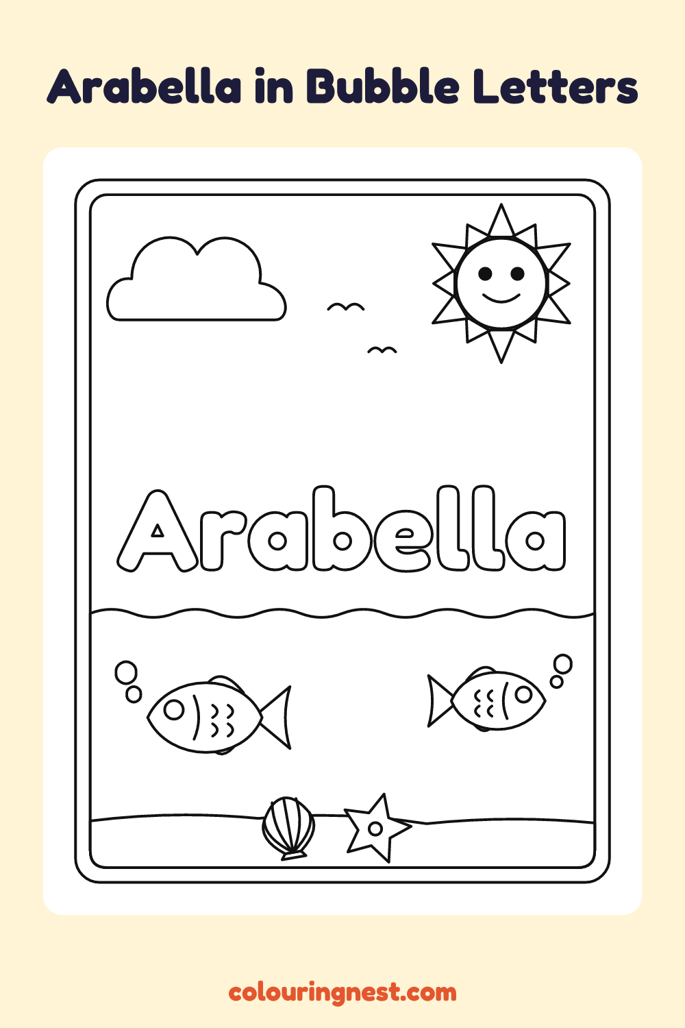 Arabella in Bubble Letters coloring page: free printable black-and-white line art