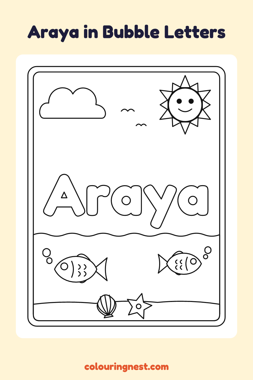 Araya in Bubble Letters coloring page: free printable black-and-white line art
