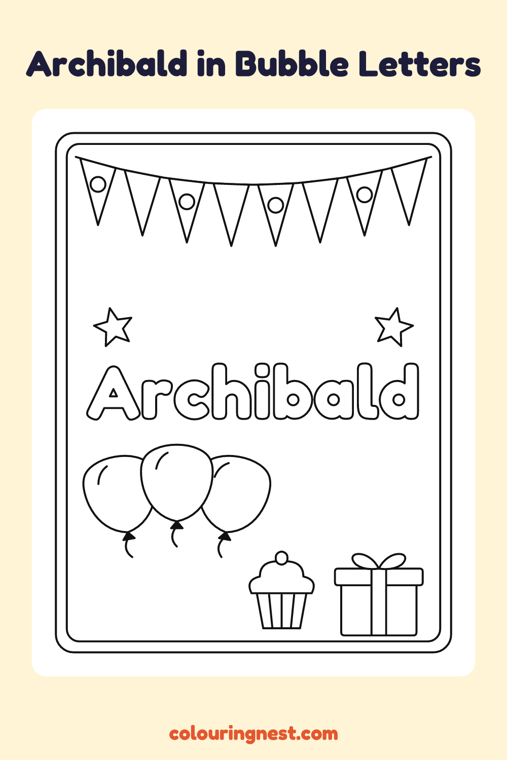 Archibald in Bubble Letters coloring page: free printable black-and-white line art
