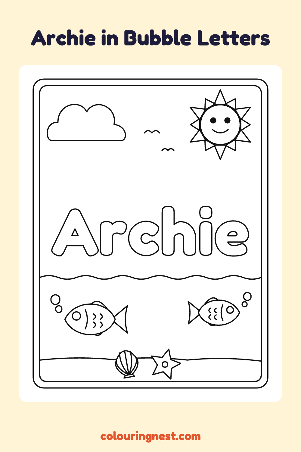Archie in Bubble Letters coloring page: free printable black-and-white line art