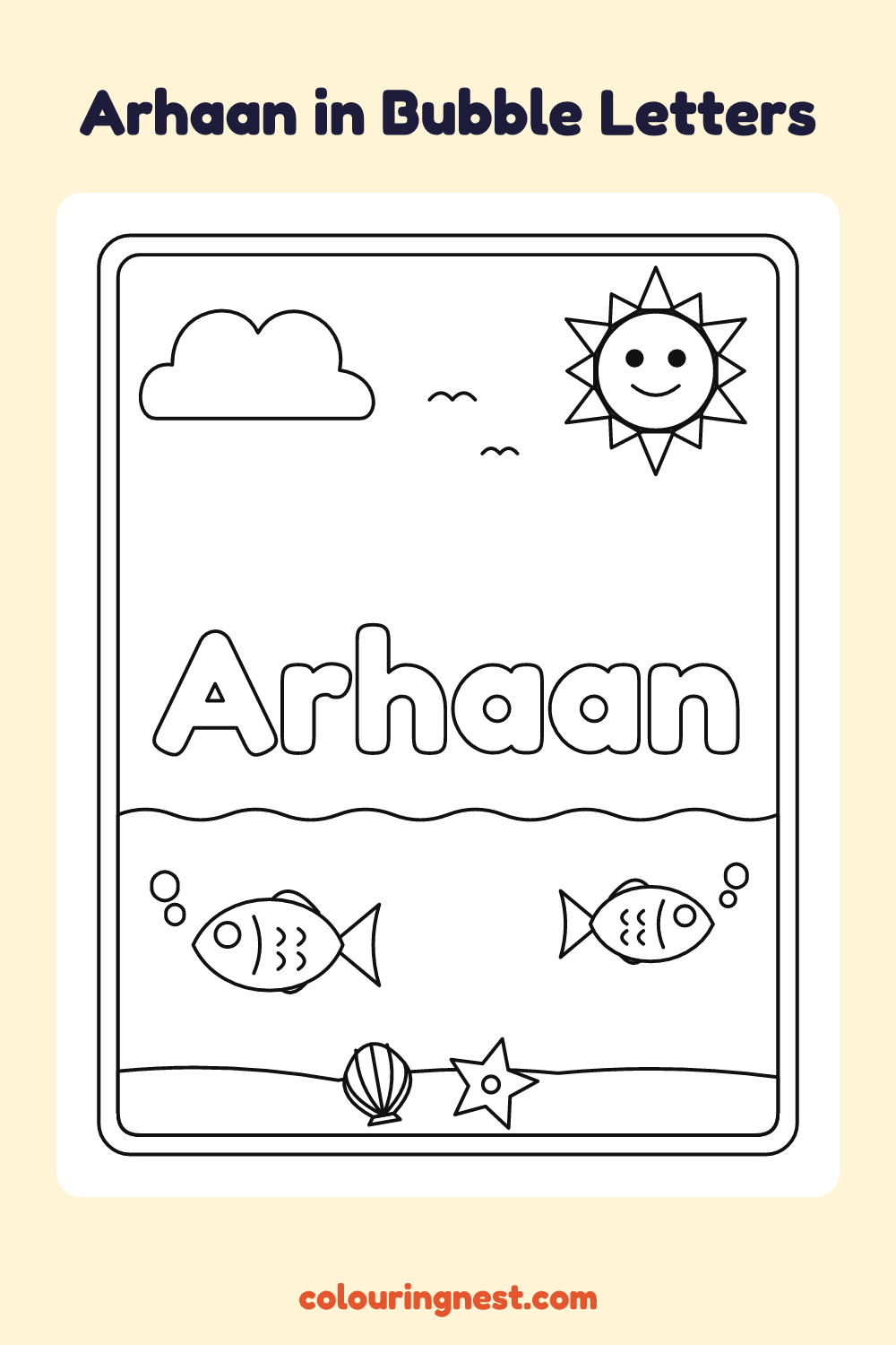Arhaan in Bubble Letters coloring page: free printable black-and-white line art