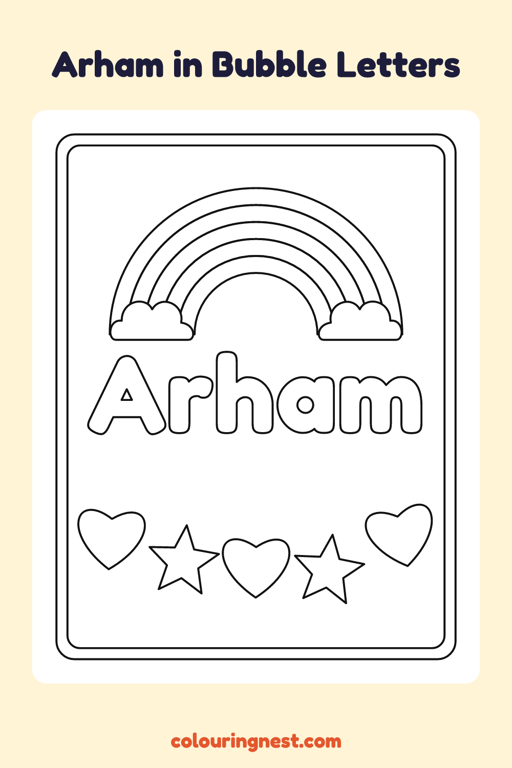 Arham in Bubble Letters coloring page: free printable black-and-white line art