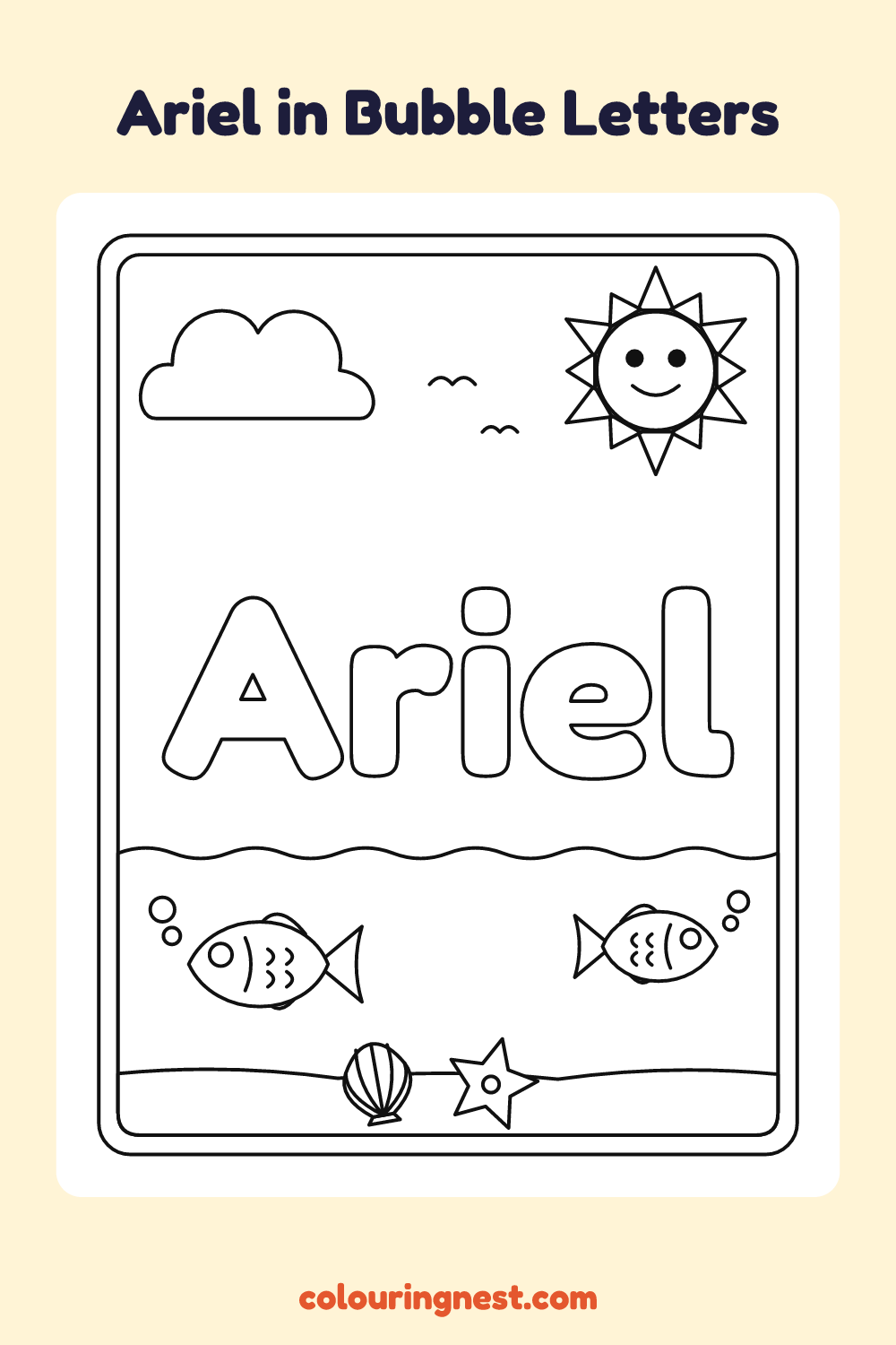 Ariel in Bubble Letters coloring page: free printable black-and-white line art