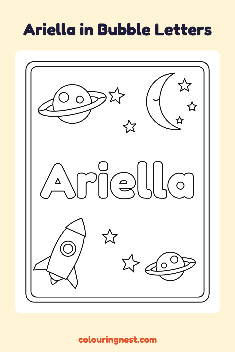 Ariella in Bubble Letters coloring page: free printable black-and-white line art