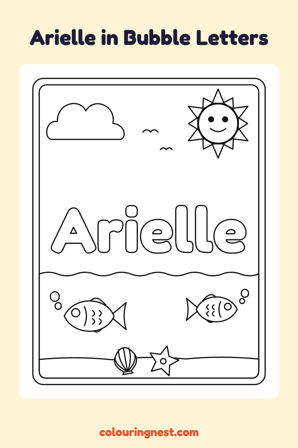 Arielle in Bubble Letters coloring page: free printable black-and-white line art