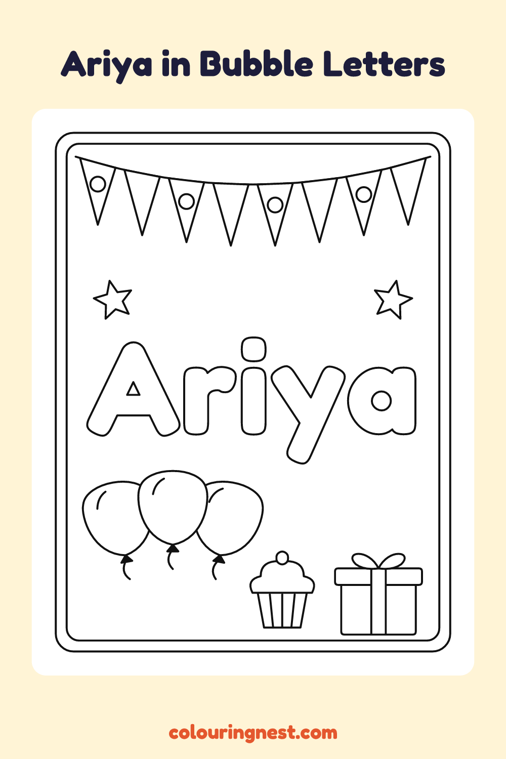 Ariya in Bubble Letters coloring page: free printable black-and-white line art