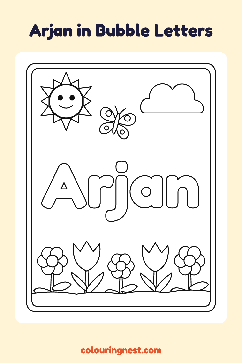 Arjan in Bubble Letters coloring page: free printable black-and-white line art
