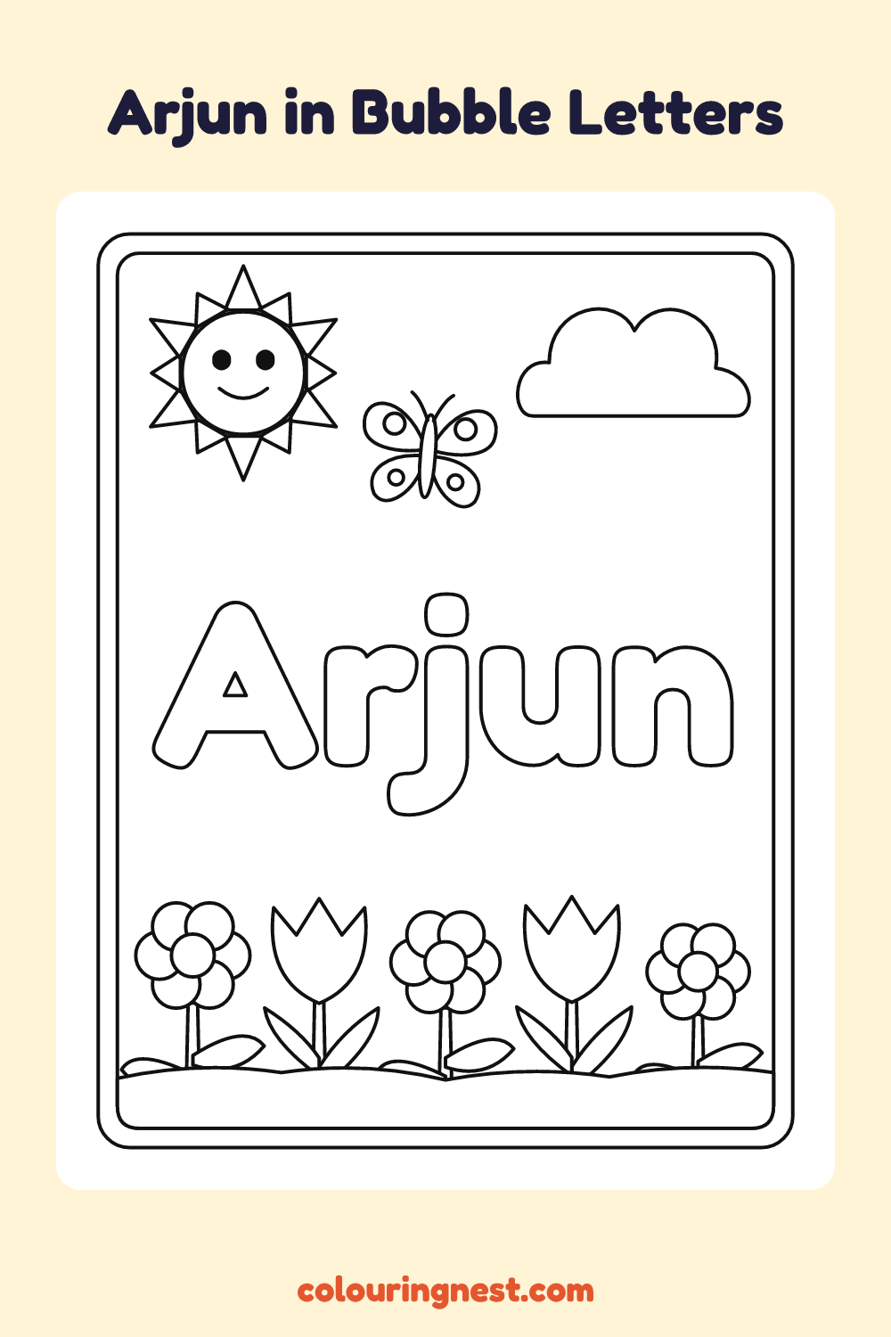 Arjun in Bubble Letters coloring page: free printable black-and-white line art