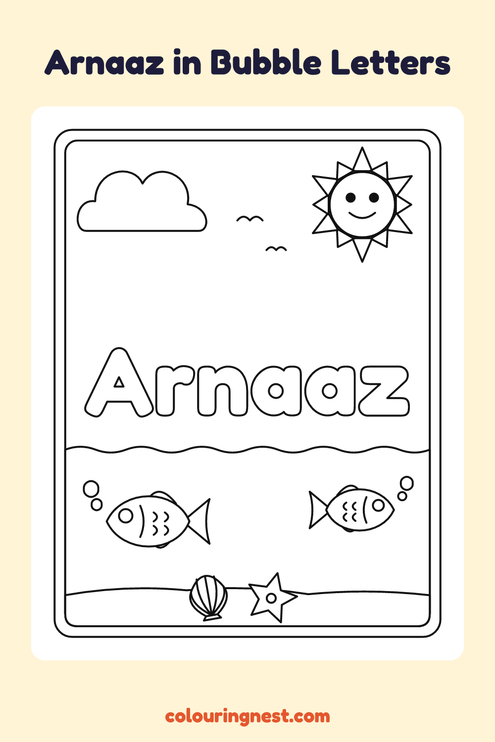 Arnaaz in Bubble Letters coloring page: free printable black-and-white line art