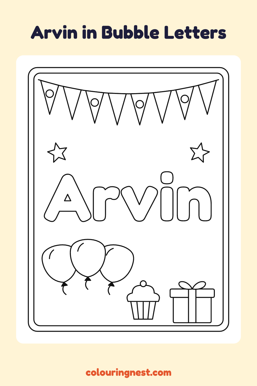 Arvin in Bubble Letters coloring page: free printable black-and-white line art