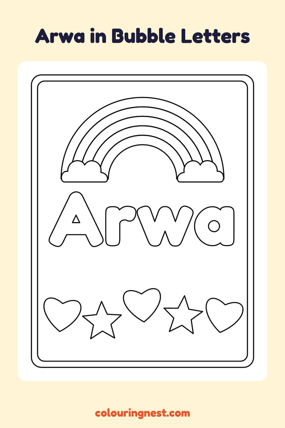 Arwa in Bubble Letters coloring page: free printable black-and-white line art