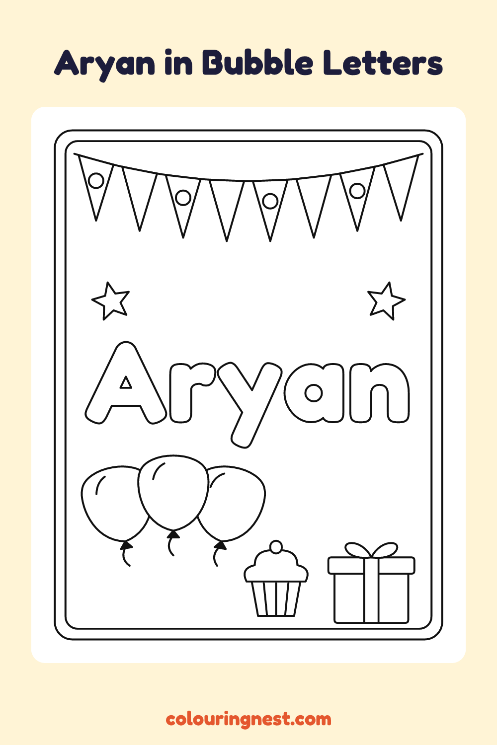 Aryan in Bubble Letters coloring page: free printable black-and-white line art