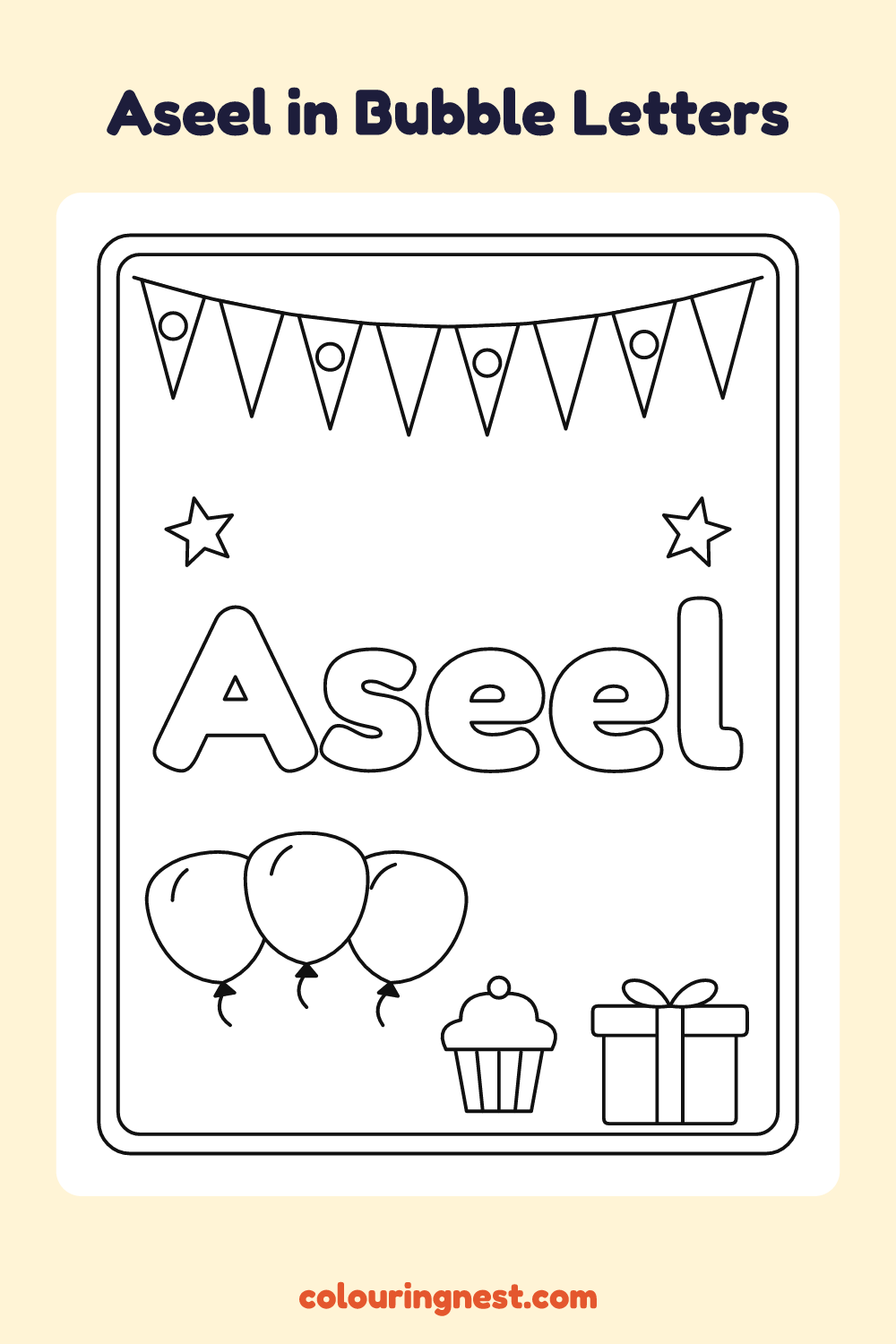Aseel in Bubble Letters coloring page: free printable black-and-white line art