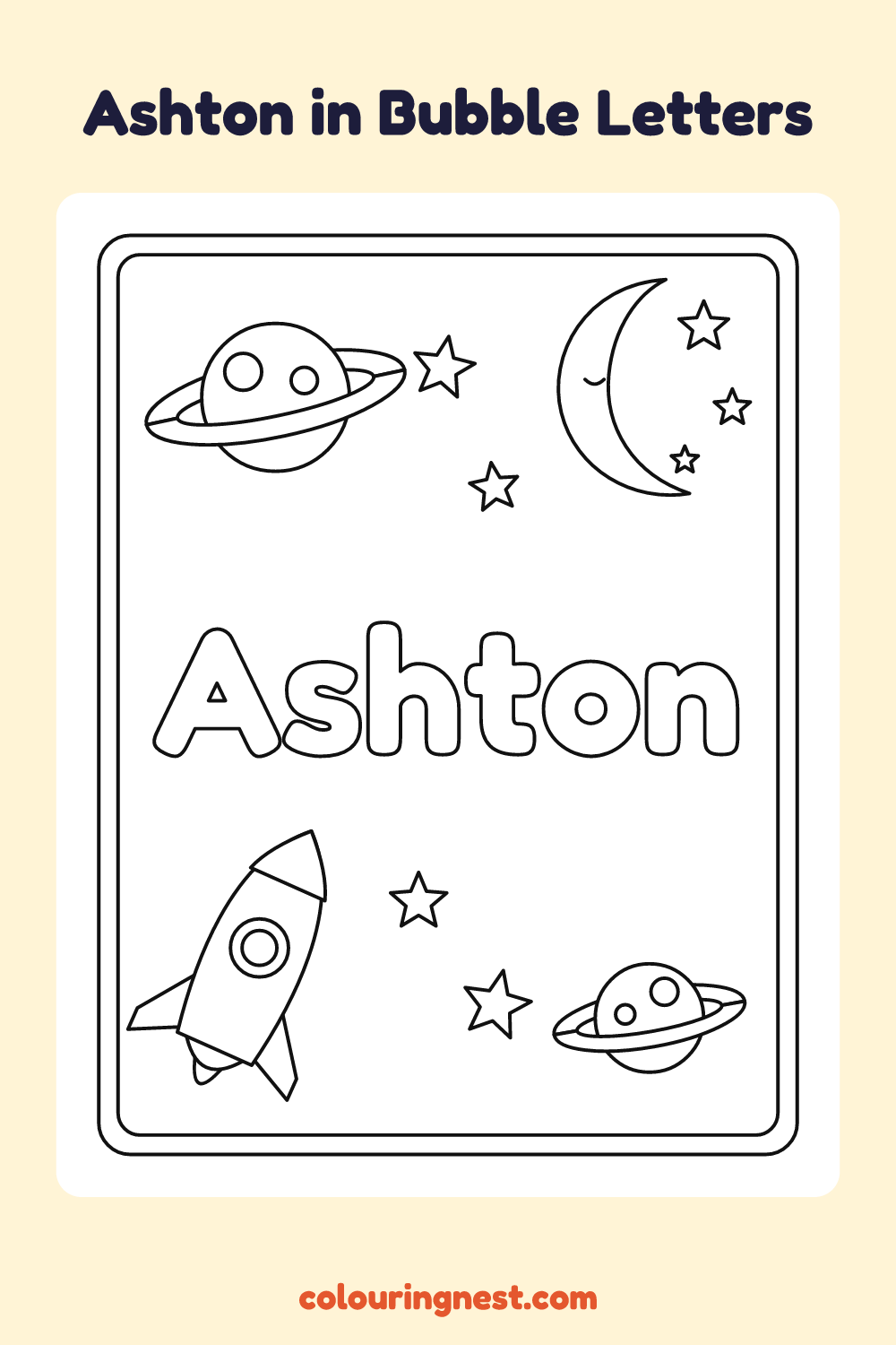 Ashton in Bubble Letters coloring page: free printable black-and-white line art