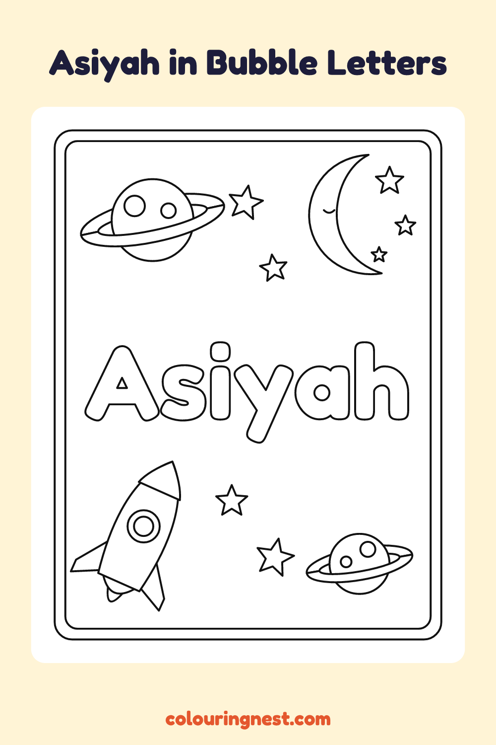 Asiyah in Bubble Letters coloring page: free printable black-and-white line art