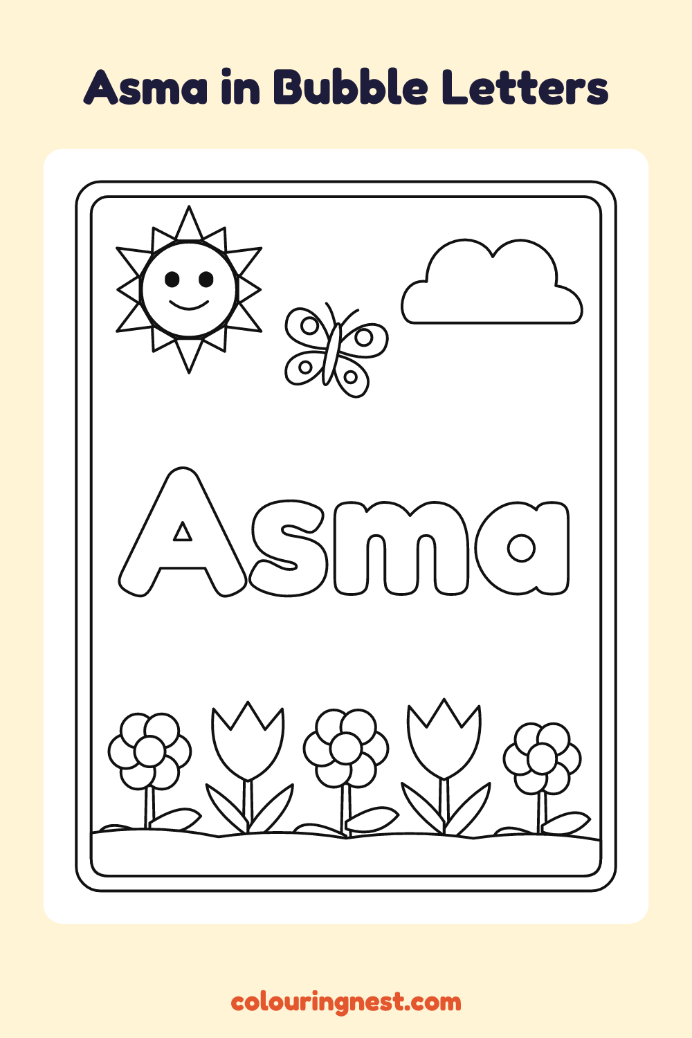 Asma in Bubble Letters coloring page: free printable black-and-white line art
