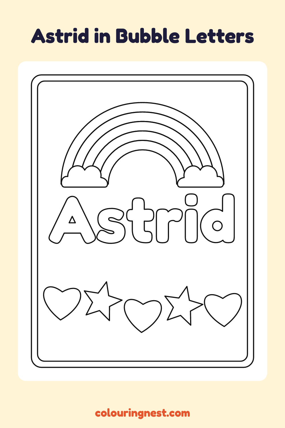 Astrid in Bubble Letters coloring page: free printable black-and-white line art
