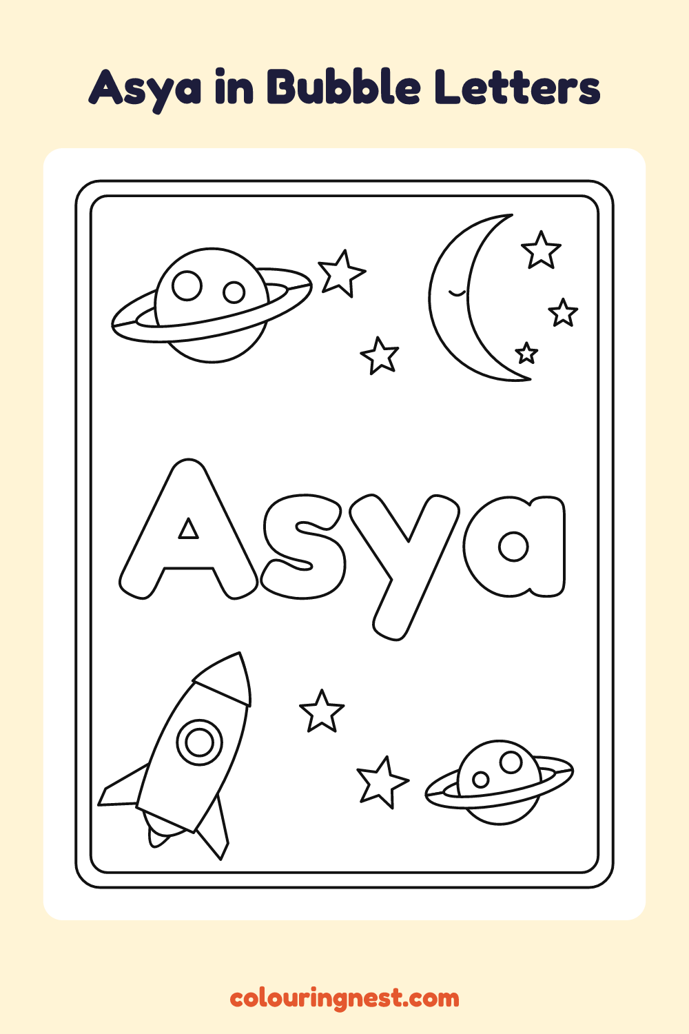 Asya in Bubble Letters coloring page: free printable black-and-white line art