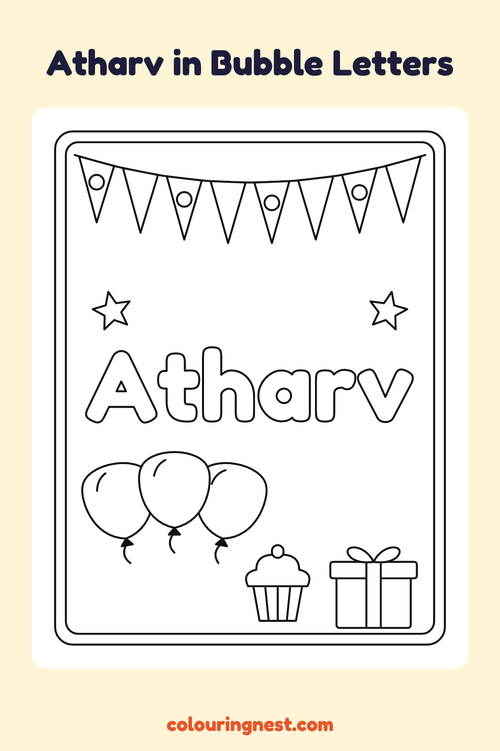 Atharv in Bubble Letters coloring page: free printable black-and-white line art