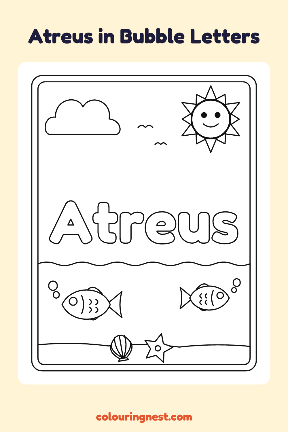Atreus in Bubble Letters coloring page: free printable black-and-white line art