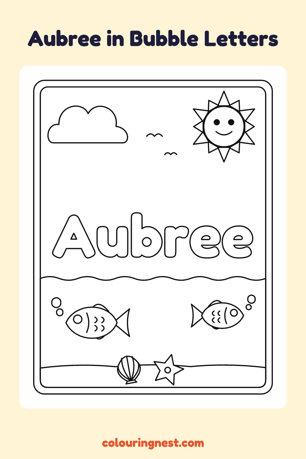 Aubree in Bubble Letters coloring page: free printable black-and-white line art