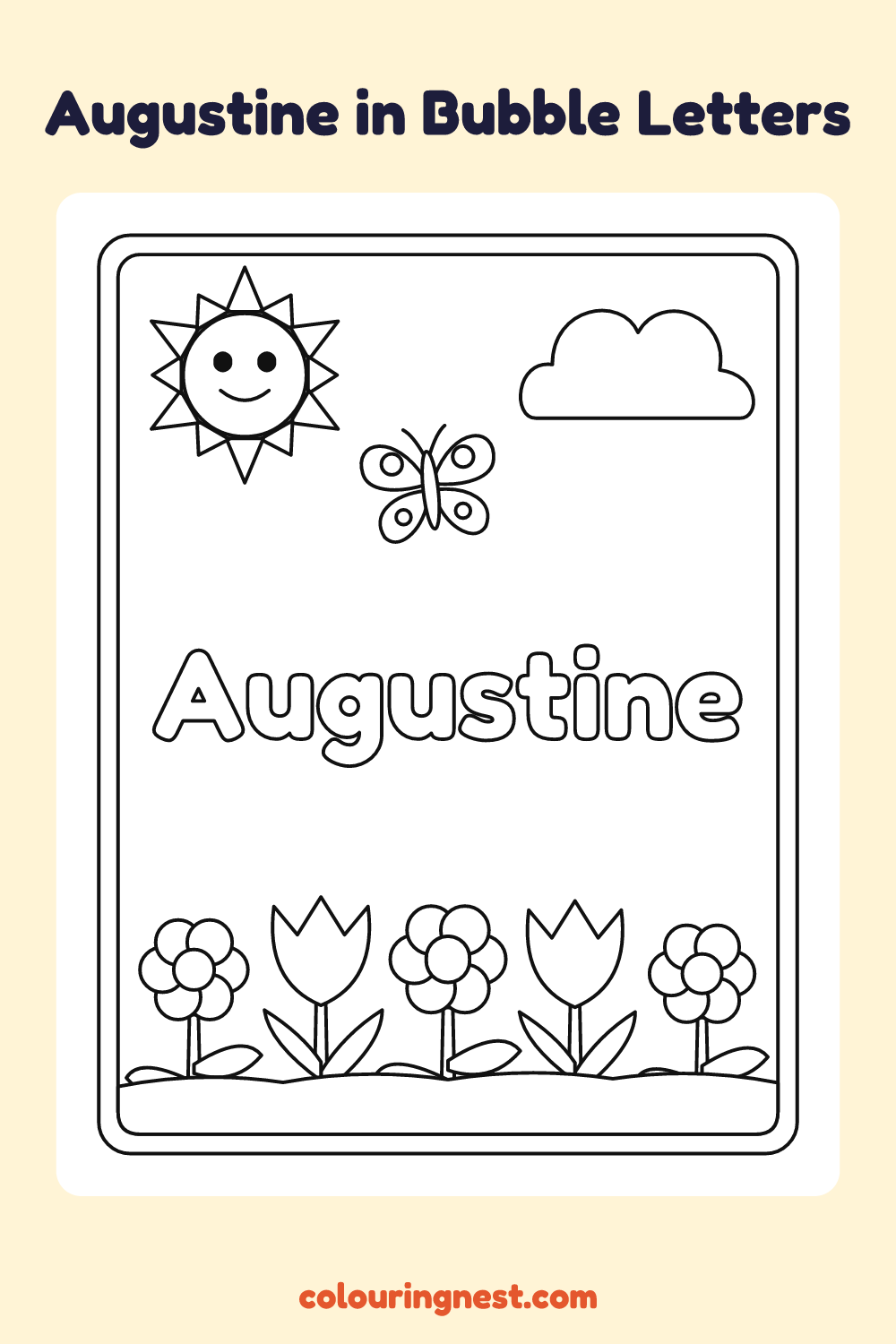 Augustine in Bubble Letters coloring page: free printable black-and-white line art