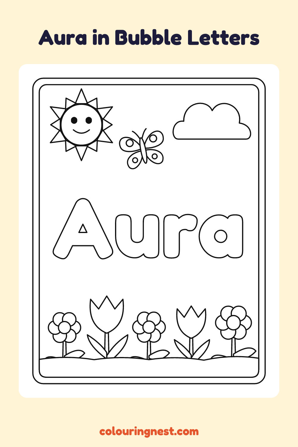 Aura in Bubble Letters coloring page: free printable black-and-white line art