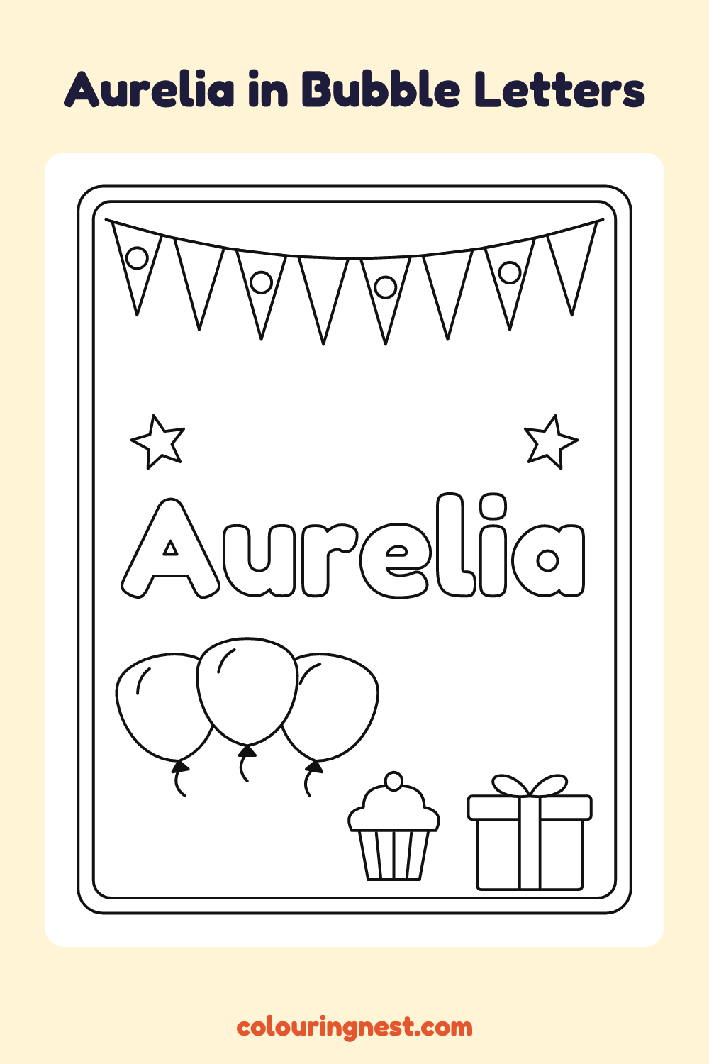 Aurelia in Bubble Letters coloring page: free printable black-and-white line art