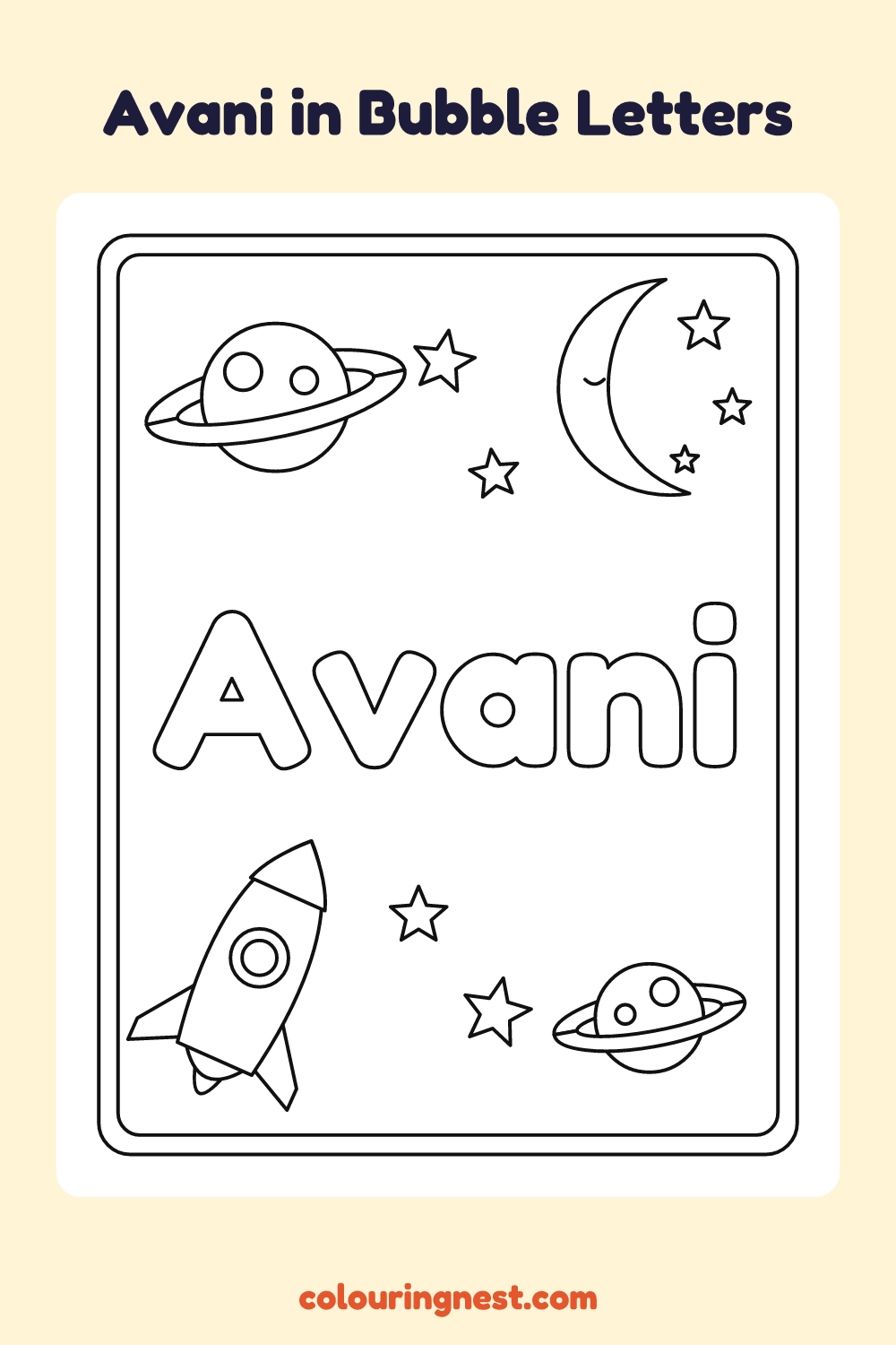 Avani in Bubble Letters coloring page: free printable black-and-white line art