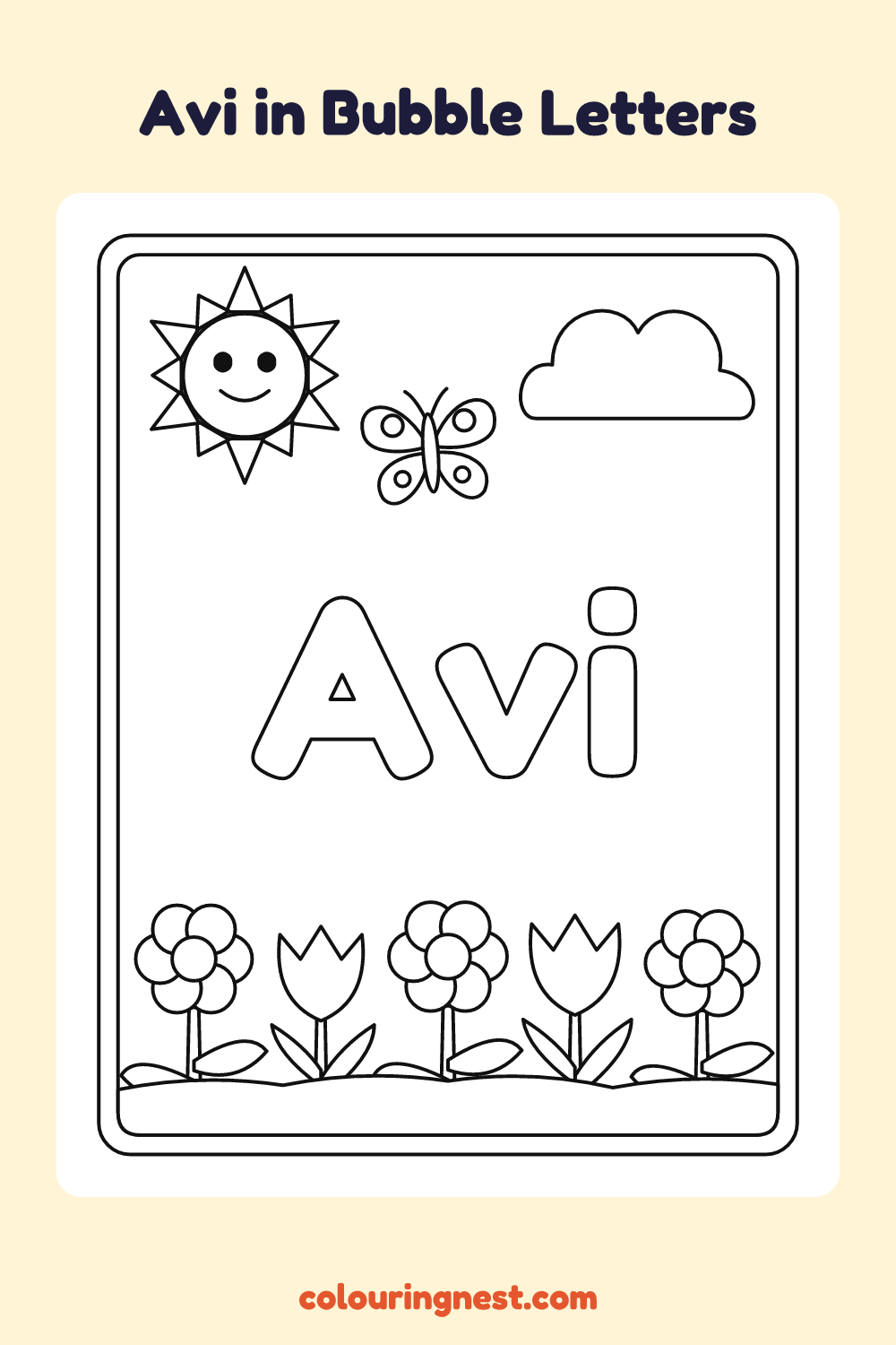 Avi in Bubble Letters coloring page: free printable black-and-white line art