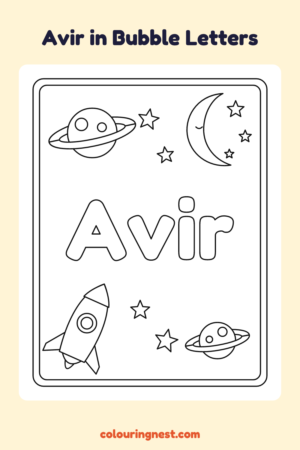 Avir in Bubble Letters coloring page: free printable black-and-white line art