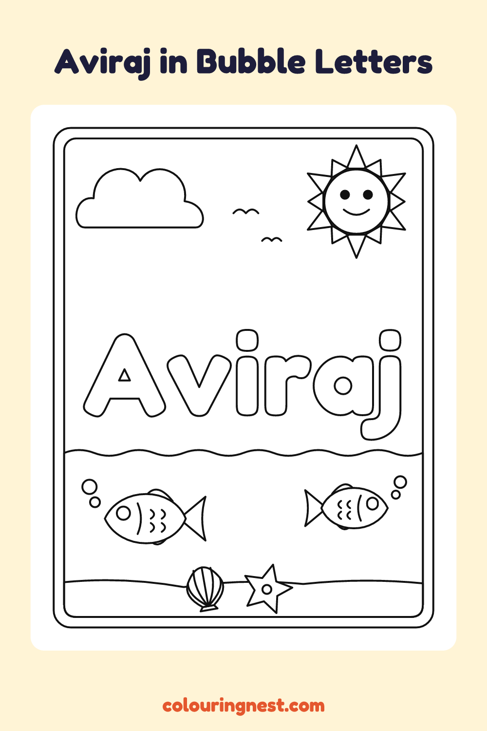 Aviraj in Bubble Letters coloring page: free printable black-and-white line art